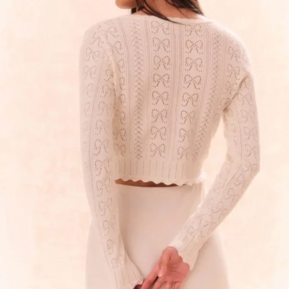 BEST NWT LoveShackFancy Petra Bow Pointelle Cropped Cardigan Ivory White Knit - Picture 4 of 10